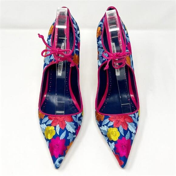 Manolo Blahnik Cotis Floral Embroidered Pumps 39.5 Blue Pink Heels - Picture 2 of 11